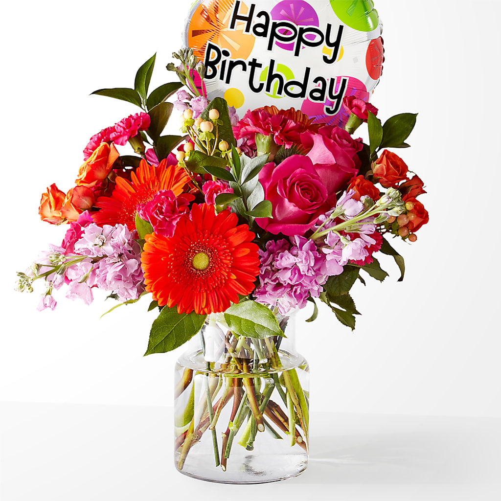 Fiesta Bouquet with Birthday Balloon – MARMET FLOWERS & MORE, Marmet WV