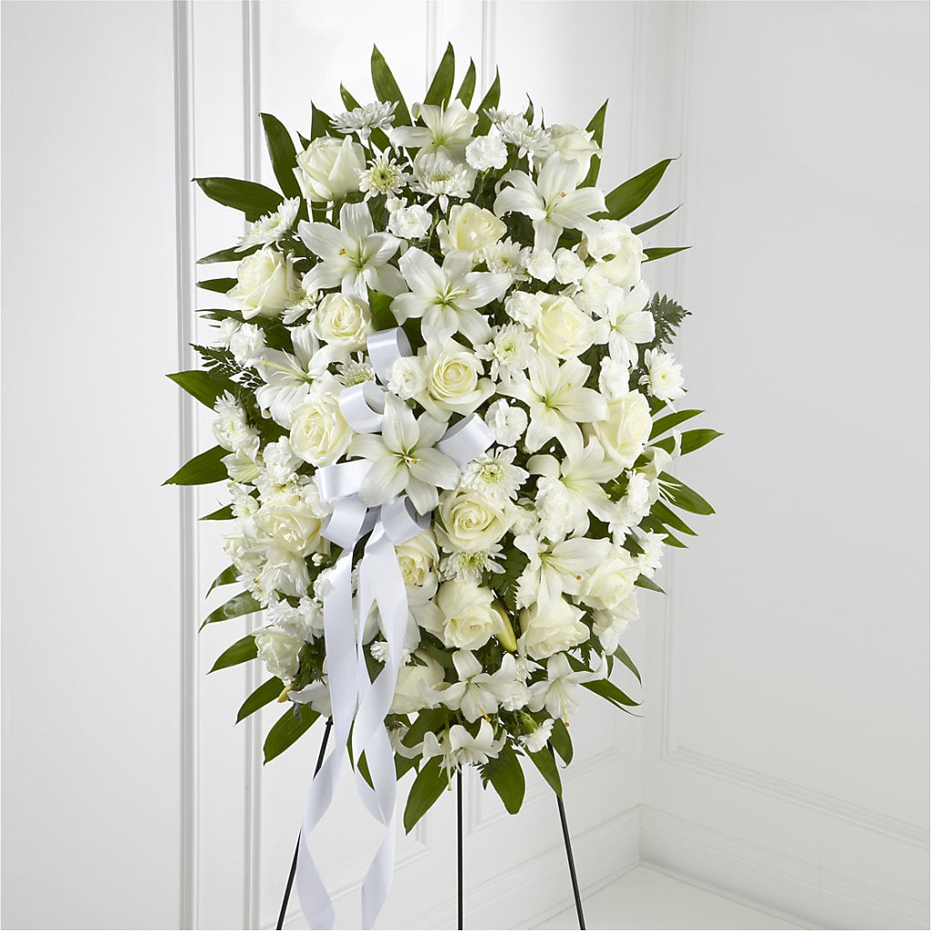 Exquisite Tribute Standing Spray-White Ribbon – MARMET FLOWERS & MORE, Marmet WV