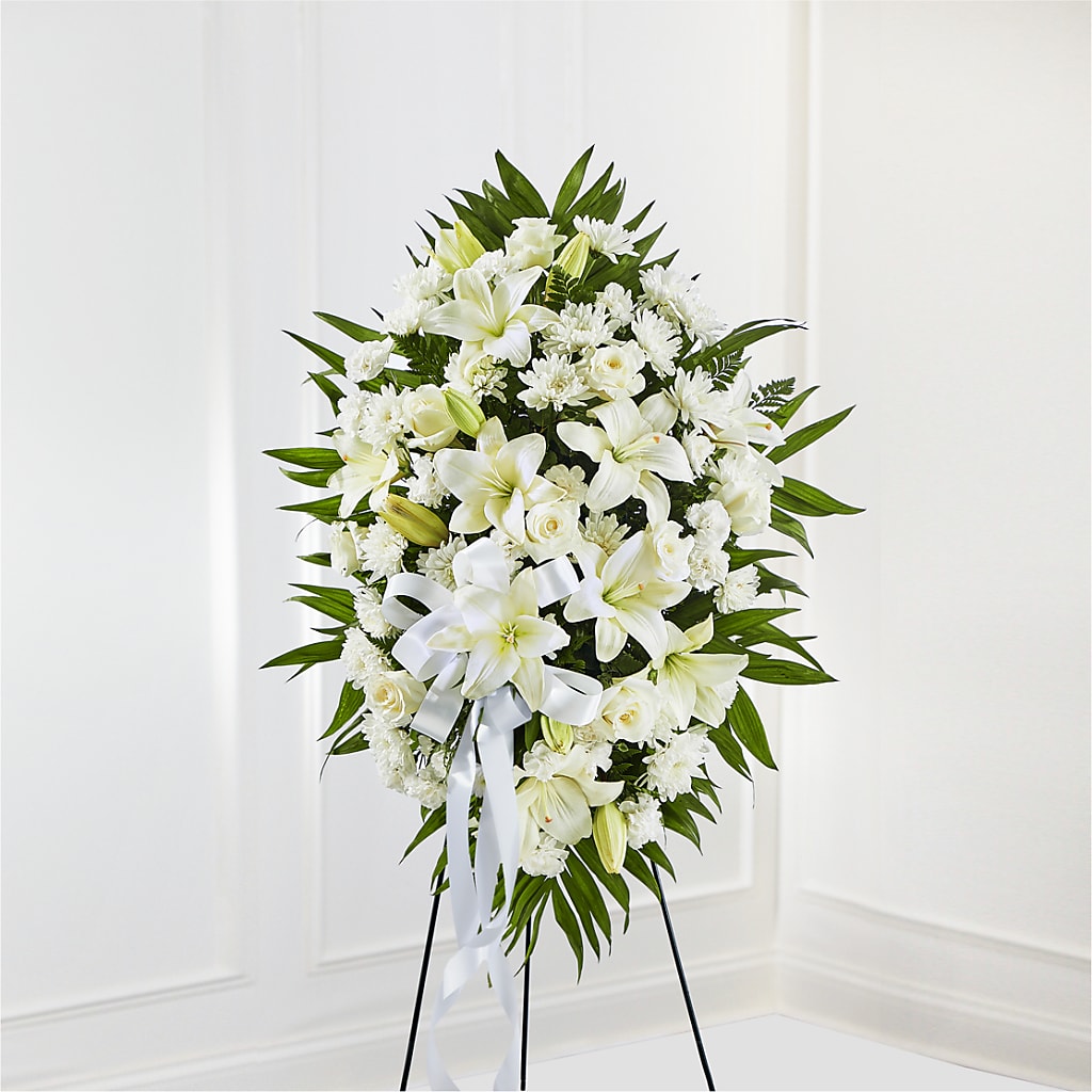 Exquisite Tribute Standing Spray-White Ribbon – MARMET FLOWERS & MORE, Marmet WV